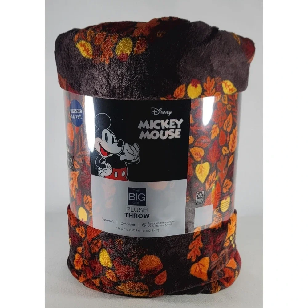 The Big One Disney Mickey Fall Harvest Leaves Plush Fleece Throw‎ Blanket 5'x6'